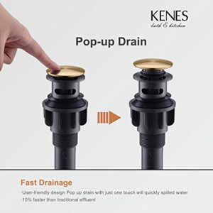 KENES Brushed Gold Pop Up Bathroom Sink Drain with Overflow, Bathroom Sink Drain Assembly with Strainer Pop Up Drain, Lavatory Vanity Vessel Sink Pop Up Drain Stopper