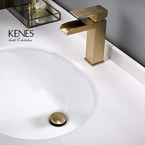 KENES Brushed Gold Pop Up Bathroom Sink Drain with Overflow, Bathroom Sink Drain Assembly with Strainer Pop Up Drain, Lavatory Vanity Vessel Sink Pop Up Drain Stopper