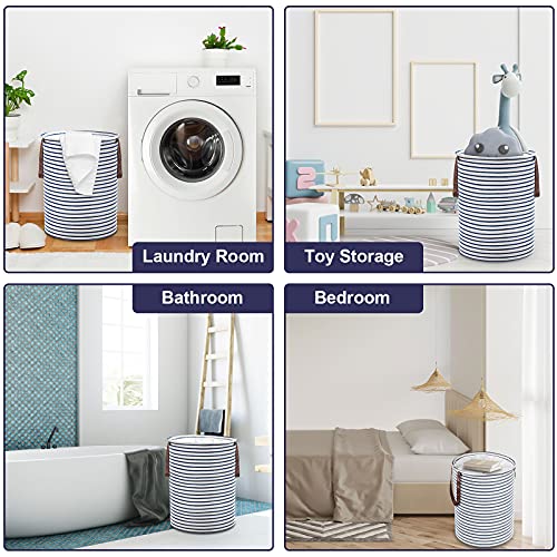 [2 Pack] Yiclick 19 inches 58L Collapsible Large Laundry Hamper, Waterproof Freestanding Laundry Baskets with Extended Handles, Foldable Dirty Clothes Hamper Baskets For Baby Kids Nursery(Blue Stripe)