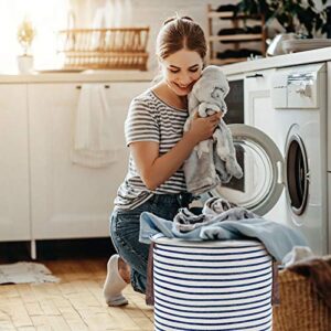 [2 Pack] Yiclick 19 inches 58L Collapsible Large Laundry Hamper, Waterproof Freestanding Laundry Baskets with Extended Handles, Foldable Dirty Clothes Hamper Baskets For Baby Kids Nursery(Blue Stripe)