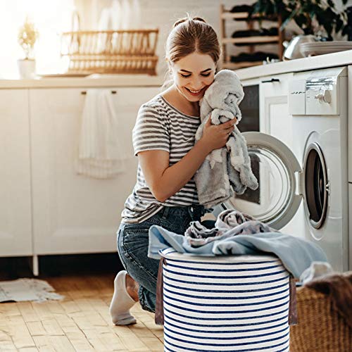 [2 Pack] Yiclick 19 inches 58L Collapsible Large Laundry Hamper, Waterproof Freestanding Laundry Baskets with Extended Handles, Foldable Dirty Clothes Hamper Baskets For Baby Kids Nursery(Blue Stripe)