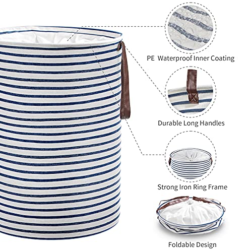 [2 Pack] Yiclick 19 inches 58L Collapsible Large Laundry Hamper, Waterproof Freestanding Laundry Baskets with Extended Handles, Foldable Dirty Clothes Hamper Baskets For Baby Kids Nursery(Blue Stripe)