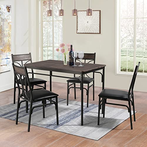 VECELO 5-Piece Indoor Modern Rectangular Table Kitchen, Dinette, Breakfast Nook, Dining Set for 4, Retro Brown