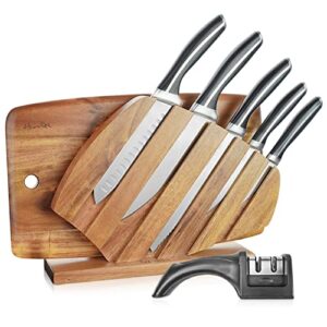 harriet knife set - 7 pieces kitchen knife set with cutting board & sharpener, high-carbon stainless steel knife block set, chef knife set with acacia wood knife block