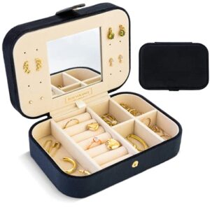 plush velvet travel jewelry box organizer | travel jewelry organizer, travel jewelry case | small jewelry box for women, jewelry travel case | earring organizer box with mirror - ebony