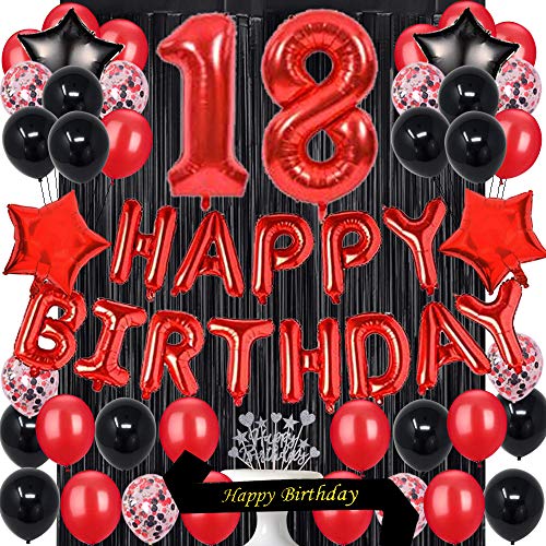 Fancypartyshop 18TH Birthday Party Decorations Supplies Red Black Later Balloons Happy Birthday Cake Topper Sash Foil Black Curtains Foil Star Balloons Number Red 18