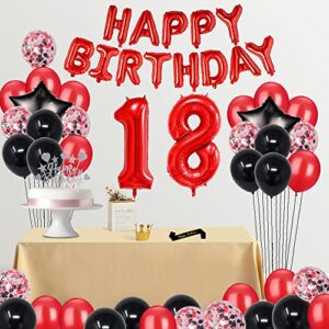 Fancypartyshop 18TH Birthday Party Decorations Supplies Red Black Later Balloons Happy Birthday Cake Topper Sash Foil Black Curtains Foil Star Balloons Number Red 18