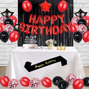 Fancypartyshop 18TH Birthday Party Decorations Supplies Red Black Later Balloons Happy Birthday Cake Topper Sash Foil Black Curtains Foil Star Balloons Number Red 18