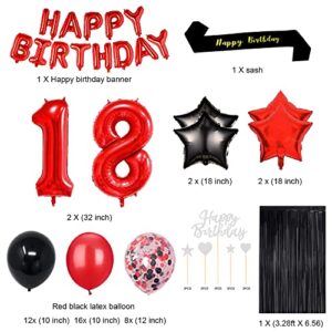 Fancypartyshop 18TH Birthday Party Decorations Supplies Red Black Later Balloons Happy Birthday Cake Topper Sash Foil Black Curtains Foil Star Balloons Number Red 18