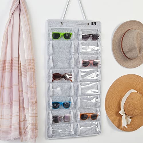 Felt Sunglass Holder for Multiple Glasses,16 Slot Hanging Eyewear Organizer (15.7 x 31.5 In, Grey)