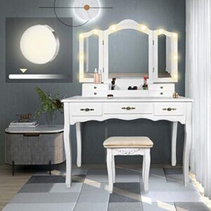 enstver vanity set with 10 hollywood led light bulbs,makeup table with stool and mirror,6 organization 7 drawers,dressing table for bedroom,pure white