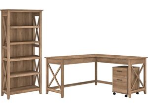 bush furniture key west l shaped desk with 2 drawer mobile file cabinet and 5 shelf bookcase, 60w, reclaimed pine