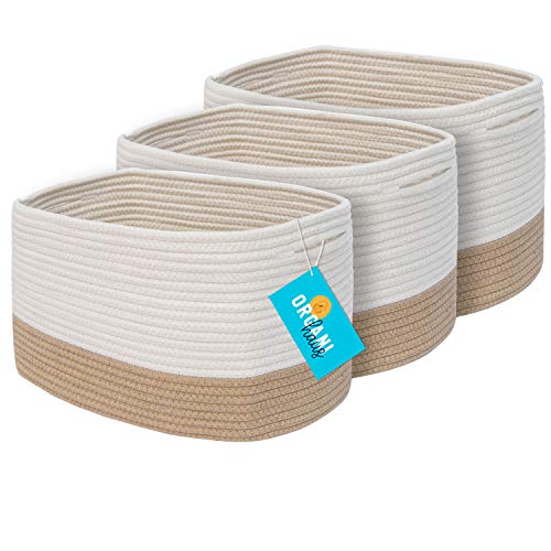 OrganiHaus Storage Baskets for Shelves Set of 3 | Woven Baskets for Storage | Cotton Rope Storage Baskets | Decorative Baskets for Storage | Cotton Rope Baskets for Storage | Book Basket - Honey