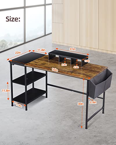 Ohuhu 55 Inch Large Computer Desk with Storage Shelves, 2-Tier Industrial Home Office Writing Study Desks with Monitor Stand Storage Bag and Hooks Laptop Work Table for Gaming Bedroom Living Room