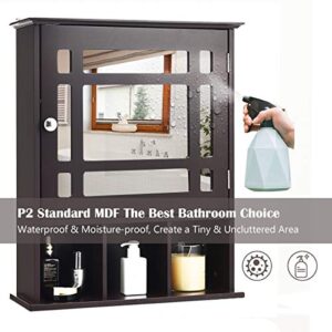 DORTALA Bathroom Wall Storage Cabinet, Mirror Cabinet Organizer, Wooden Hanging Medicine Cabinet Organizer w/Adjustable Shelf & 3 Open Compartments, Brown