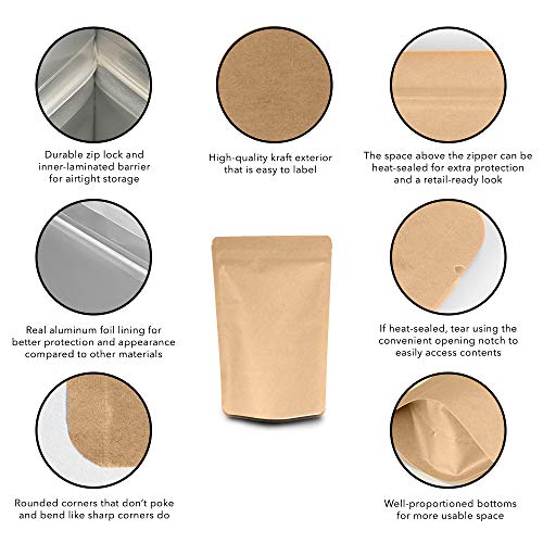 Yuugen Products Kraft Stand-Up Pouch Bags with Aluminum, Zip Lock, and Tear Notch - Reusable, Heat-Sealable | Storage for Food, Non-Food Items, Home and Business - 50 Pcs (4" x 6")