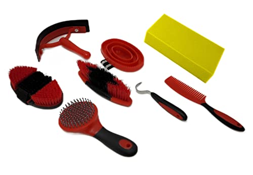 Premium Horse Grooming Kit | 9 Piece Durable Hair groomer Brush Set. Perfect Horse Gift For Beginners or Professional (Red)