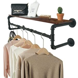 crehomfy industrial pipe clothes rack with top shelf and 3 hooks, 41''l wall mounted garment rack, heavy duty iron garment bar, clothes hanging rod bar, 4 base max load 135lb black