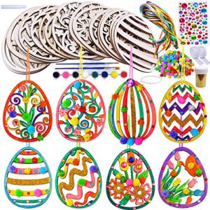 32 sets wooden easter ornaments decorations diy easter craft kits assorted paintable unfinished wood laser cut easter egg ornaments pom-poms for kids easter spring classroom home activity art project