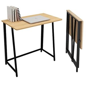 siunzs folding desk, 32 inch small desks for small spaces,space saving foldable computer desk for home office study writing, portable small collapsible desk, easy assembly, black frame, maple