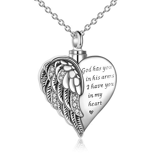 YFN Wings Urn Necklaces for Ashes Sterling Silver Guardian Angel Wings Urn Necklaces Heart Cremation Memory Jewelry for Women Men