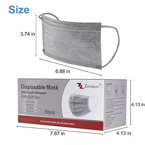 Disposable Face Masks 3-Ply Individually Wrapped for Home, School, Office and Outdoors (50 PCS,Gray)