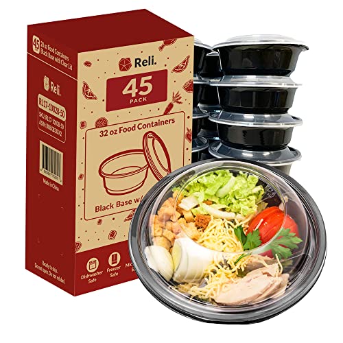 Reli. Meal Prep Container Bowls, 32 oz. | 45 Pack | Reusable 32 oz Meal Prep Bowls/Food Containers | Microwavable Bowls with Lids, Black Food Storage Containers/Food Prep | Black, Airtight Lids