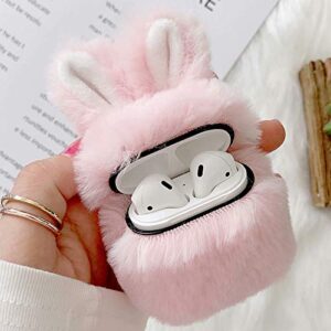 case for airpods 1 case airpods 2 fluffy rabbit case cover plush furry fashion cute bunny ear faux fur pc protective case resistant cover for airpods 1st & 2nd gen with carabiner,pink