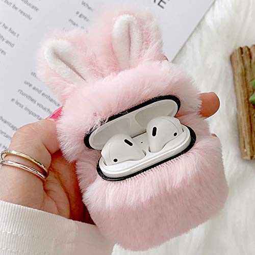 Case for Airpods 1 Case Airpods 2 Fluffy Rabbit Case Cover Plush Furry Fashion Cute Bunny Ear Faux Fur PC Protective Case Resistant Cover for Airpods 1st & 2nd Gen with Carabiner,Pink