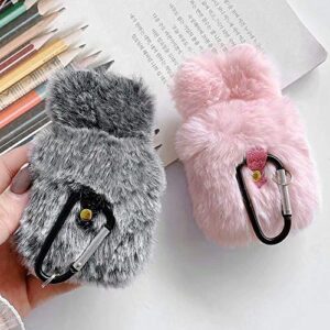 Case for Airpods 1 Case Airpods 2 Fluffy Rabbit Case Cover Plush Furry Fashion Cute Bunny Ear Faux Fur PC Protective Case Resistant Cover for Airpods 1st & 2nd Gen with Carabiner,Pink