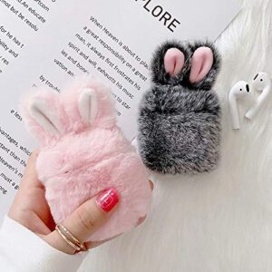 Case for Airpods 1 Case Airpods 2 Fluffy Rabbit Case Cover Plush Furry Fashion Cute Bunny Ear Faux Fur PC Protective Case Resistant Cover for Airpods 1st & 2nd Gen with Carabiner,Pink