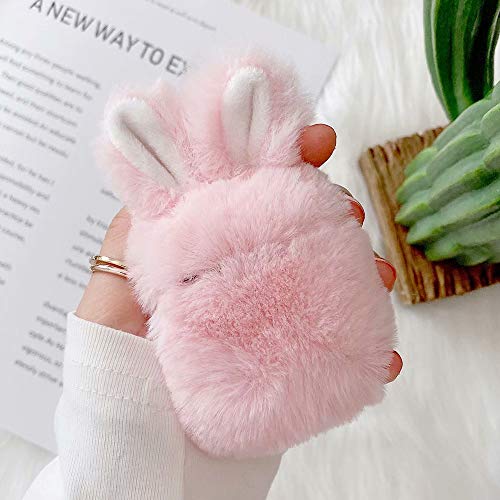 Case for Airpods 1 Case Airpods 2 Fluffy Rabbit Case Cover Plush Furry Fashion Cute Bunny Ear Faux Fur PC Protective Case Resistant Cover for Airpods 1st & 2nd Gen with Carabiner,Pink