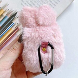 Case for Airpods 1 Case Airpods 2 Fluffy Rabbit Case Cover Plush Furry Fashion Cute Bunny Ear Faux Fur PC Protective Case Resistant Cover for Airpods 1st & 2nd Gen with Carabiner,Pink