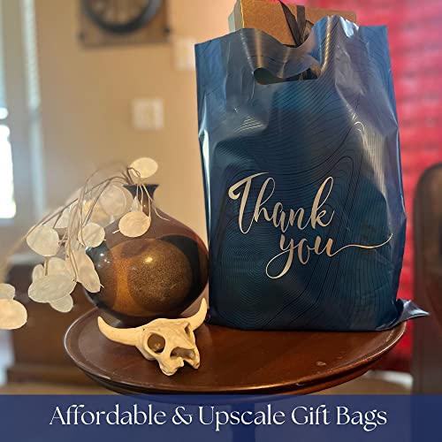 Rainbows & Lilies 100 Thank You Bags, 12x15 Plastic Bags with Handles, Shopping Bags for Small Business, Gifts, Goodie Bags - Thick Reusable Bags (Navy Blue)