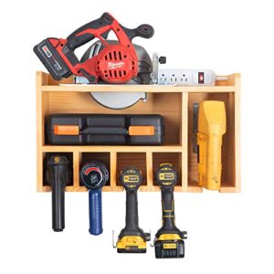 iron forge tools power tool organizer for garage - fully assembled wood tool chest, 4 drill charging station and circular saw holder - great workshop organization and storage gift for men