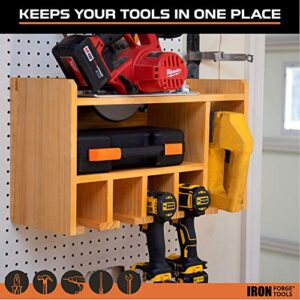 Iron Forge Tools Power Tool Organizer for Garage - Fully Assembled Wood Tool Chest, 4 Drill Charging Station and Circular Saw Holder - Great Workshop Organization and Storage Gift for Men