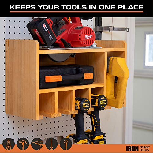 Iron Forge Tools Power Tool Organizer for Garage - Fully Assembled Wood Tool Chest, 4 Drill Charging Station and Circular Saw Holder - Great Workshop Organization and Storage Gift for Men