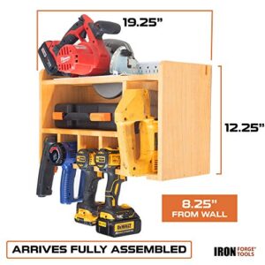 Iron Forge Tools Power Tool Organizer for Garage - Fully Assembled Wood Tool Chest, 4 Drill Charging Station and Circular Saw Holder - Great Workshop Organization and Storage Gift for Men