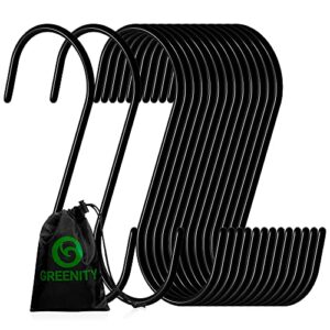 greenity pack of 30 black s hooks for hanging clothes heavy duty stainless steel s shaped hooks for hanging clothes, bags, blankets, pots, plants, garage tools and kitchen utensils (3.7 inches)