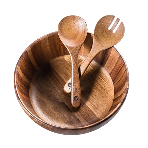 BILL.F Wooden Salad Bowl, 12'' Acacia Wood Salad Bowls Set Large Salad Mixing Bowl with Servers-3-Piece Big Salad Bowl Set