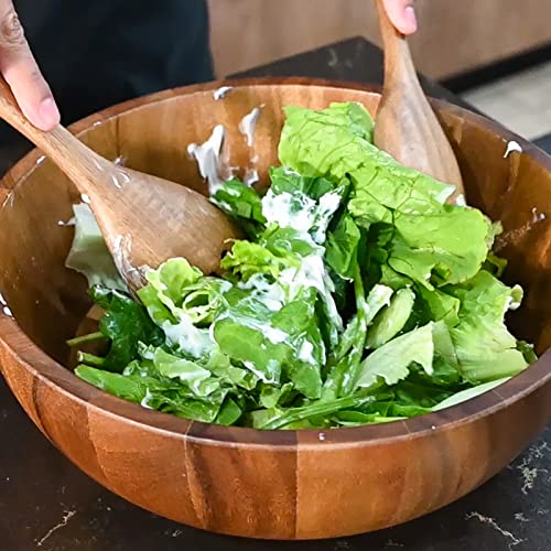 BILL.F Wooden Salad Bowl, 12'' Acacia Wood Salad Bowls Set Large Salad Mixing Bowl with Servers-3-Piece Big Salad Bowl Set