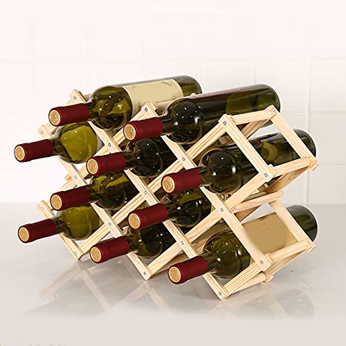 Famolay Wooden Wine Rack, 10 Bottle Free Standing Wine Storage Racks Countertop, Stackable Stand Foldable Tabletop Bottle Holder Cabinets Shelf for Cellar Pantry Home Kitchen Bar