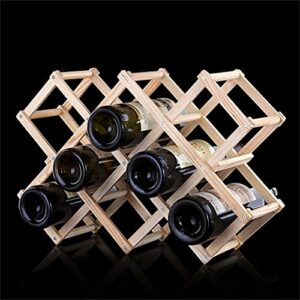 Famolay Wooden Wine Rack, 10 Bottle Free Standing Wine Storage Racks Countertop, Stackable Stand Foldable Tabletop Bottle Holder Cabinets Shelf for Cellar Pantry Home Kitchen Bar