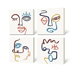 sumgar abstract face wall art boho decor minimalist line drawing artwork mid-century morocco pictures shabby chic beige framed canvas prints for bathroom bedroom living room - 12" x 12" 4 panel