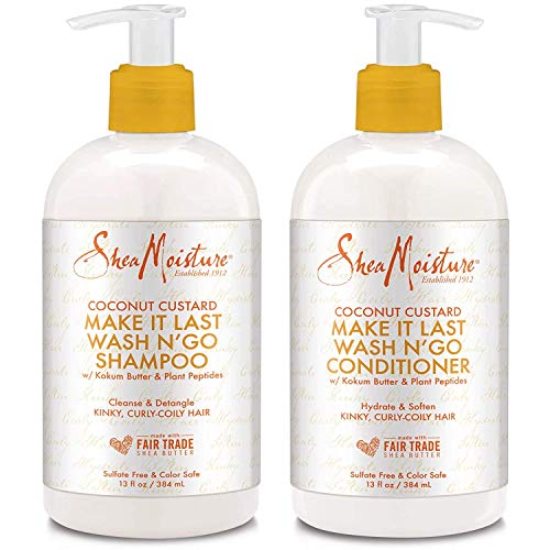 Shea Moisture Shampoo and Conditioner Set, Coconut Custard Make It Last Wash N’ Go Shampoo 13 Ounce, Coconut Custard Make It Last Wash N’ Go Conditioner 13 Ounce