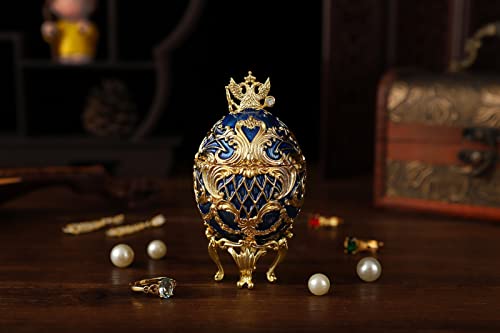 FASALINO Faberge Egg Jewelry Trinket Box Classic Hand-Painted Ornaments Metal Craft Gift for Home Decor (Blue)