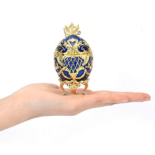 FASALINO Faberge Egg Jewelry Trinket Box Classic Hand-Painted Ornaments Metal Craft Gift for Home Decor (Blue)