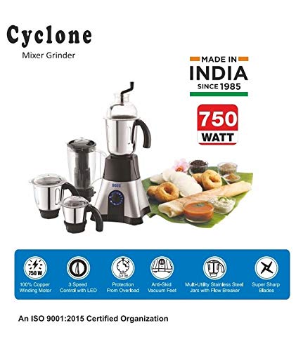 BOSS Cyclone 4-Jar Perfect Mixer Grinder Kitchen Grinding Genius 750 Watt Powerful Motor, 3 Variable Speed with Incher, 110V