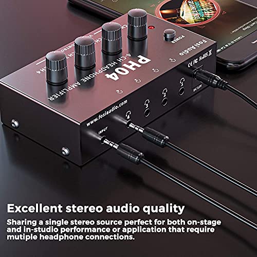 Fosi Audio PH04 4 Channel Headphone Amplifier Stereo Audio Amp with 12V 1.5A Power Adapter Ultra-Compact Portable Headphone Splitter for Studio and Stage