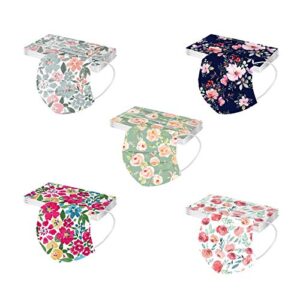 50 pack adults floral disposable face masks with design, 3 ply protective breathable women men flower facemask with nose wire (floral #14)